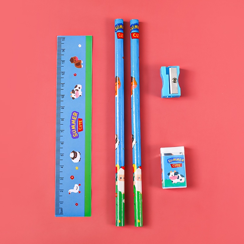 5pcs Kotak Indah Kartun Pensil &amp; Eraser &amp; Sharpener &amp; Ruler Set Siswa Set Alat Tulis Portable