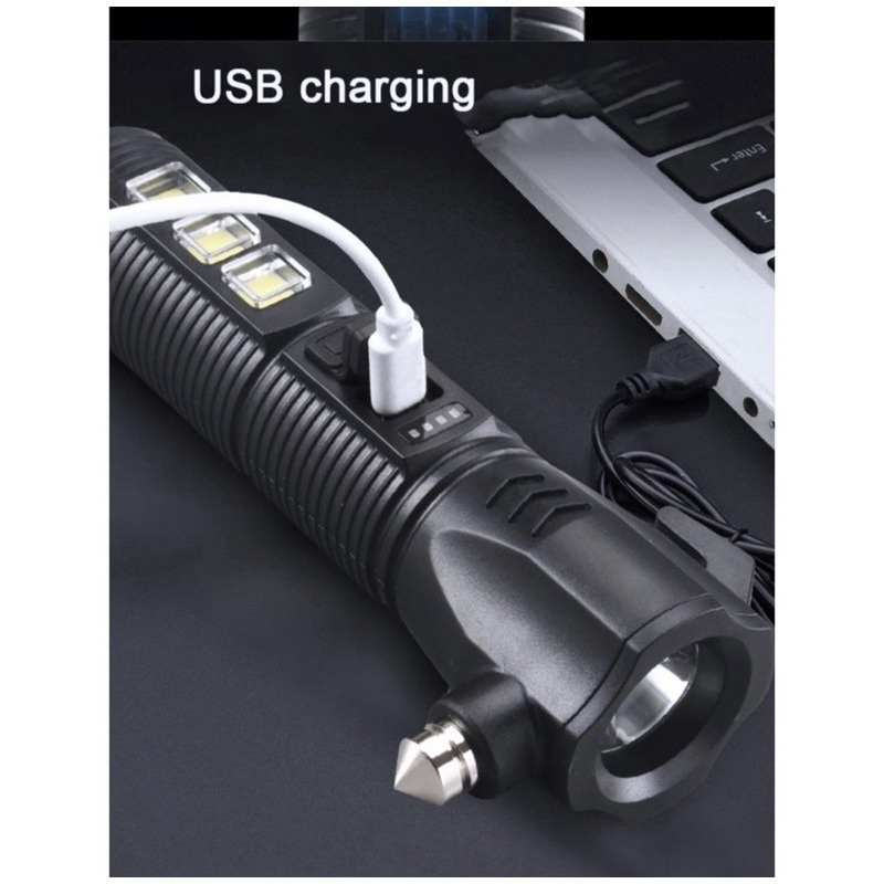 Senter LED COB Palu Pengaman kaca Mobil Multifungsi 4 ini 1 FLASHLIGHT USB CHARGER MULTIFUNGSI 4 IN 1 / SAFETY HAMMER CH - 22018 VEHICLE EMERGENCY