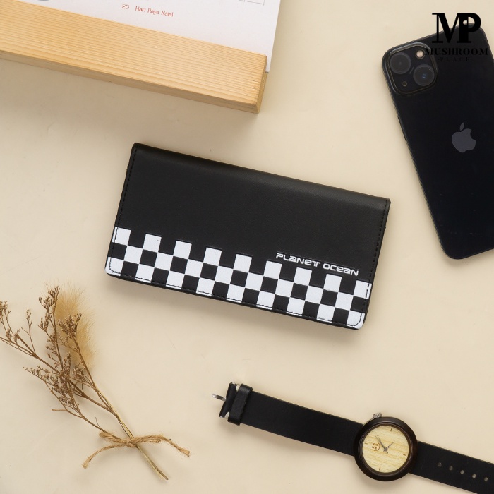Dompet Lipat Panjang Kartu Pria Planet Ocean Hitam List Kotak-Kotak Original - PO14