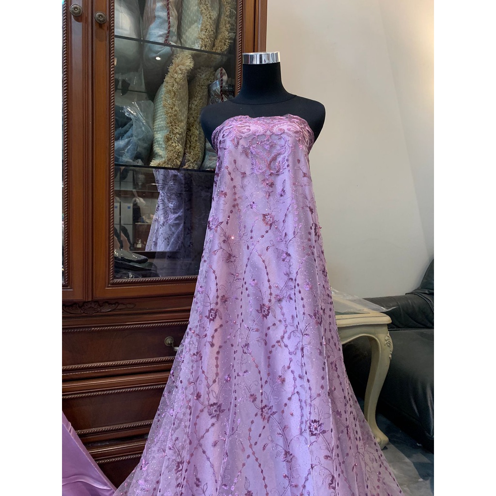 Bahan Kebaya Brokat Tile Bordir Mutiara Glitter Rosemary warna Light Lilac