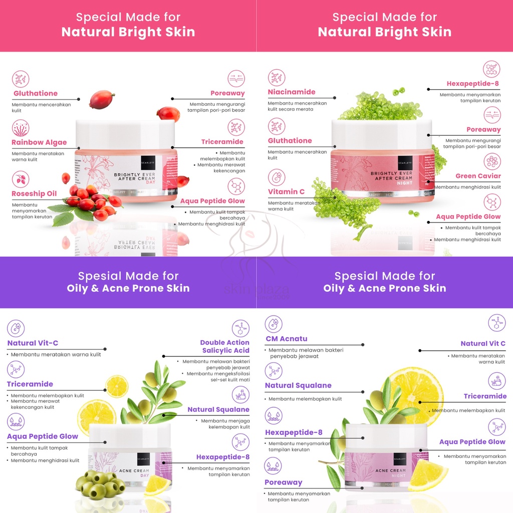 Scarlett Whitening Skincare Series Day Night Moisturizer Serum Toner Face Mist Facial Wash Peeling Moisture Boost Oil Sunscreen Cleanser Mask Shampoo Conditioner to Glow Mini Bpom