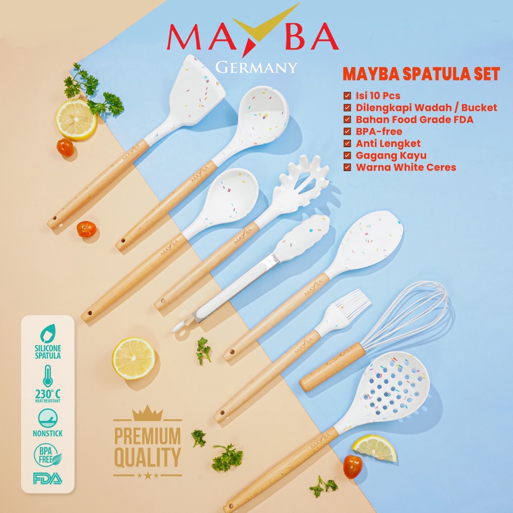 Spatula silicon set Wooden handle MAYBA GERMAN 10 PC Sendok masak silicone / sutil dapur silikon