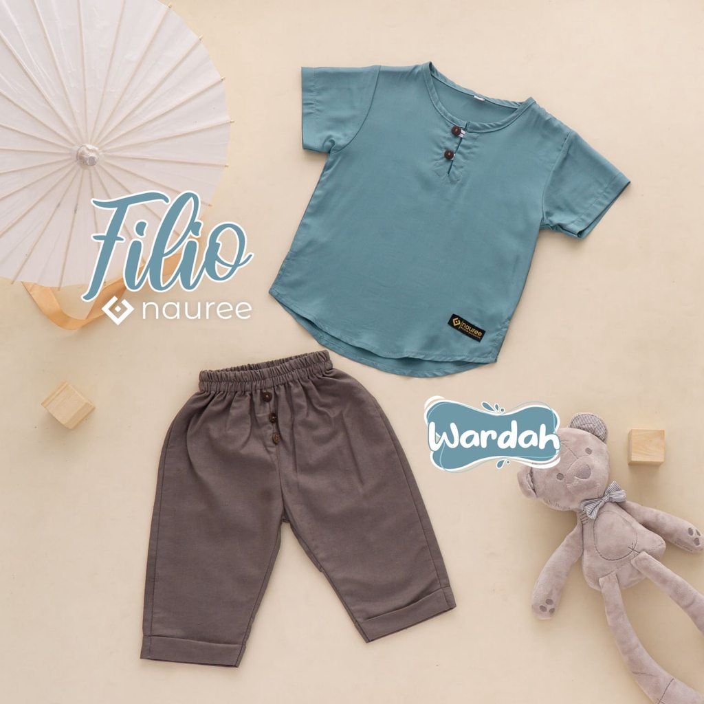 Nauree - Setelan Baju Bayi Filio Set Anak Laki Laki Casual Bahan Rayon Ukuran S M L  Usia 6 Bulan Sampai 6 Tahun Warna Peach Khaki Biru Kualiitas Premium Lembut Adem Untuk Jalan Jalan Polos Berkancing Celana Panjang Lembut Modern