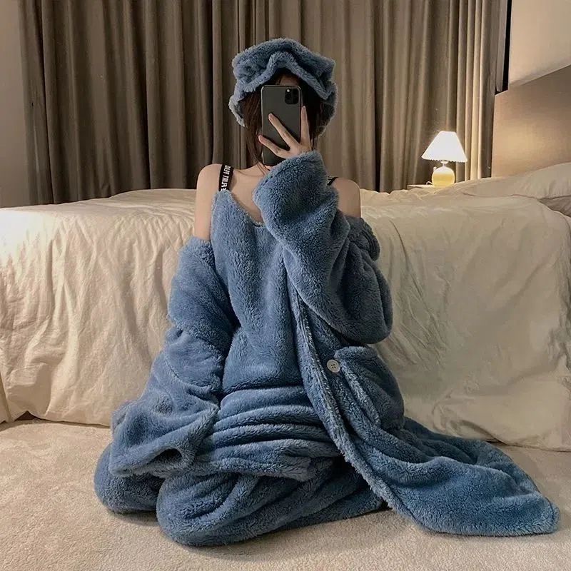 ∋◄2022 baru sling piyama wanita musim gugur dan musim dingin bulu karang plus beludru menebal hangat