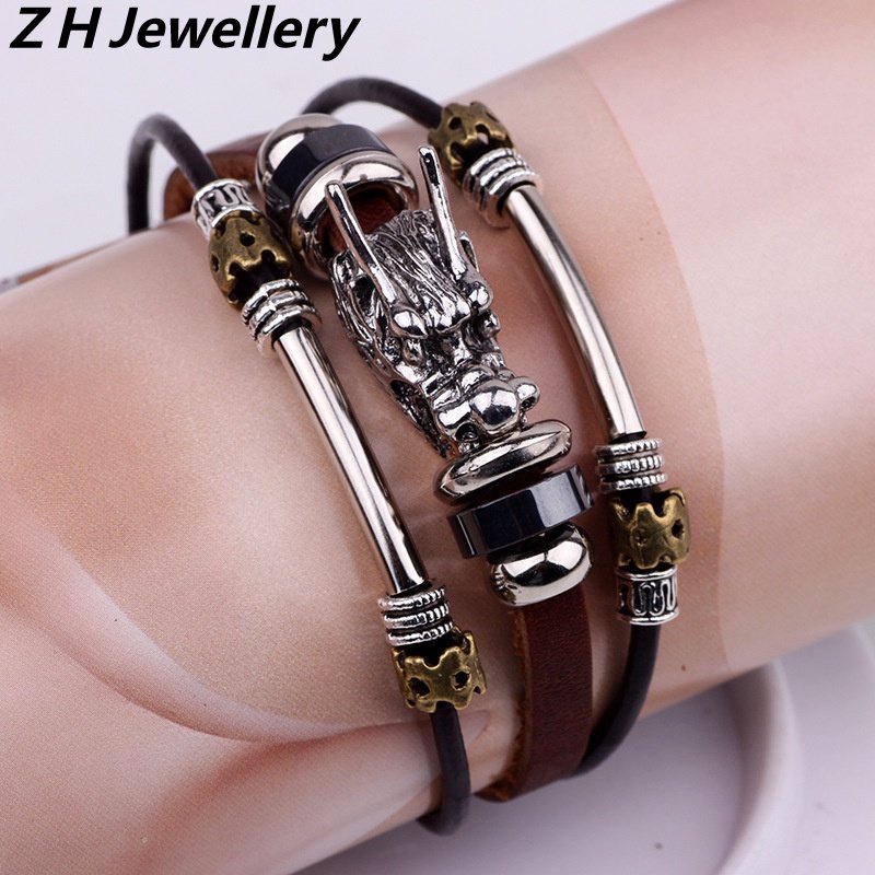 [Z H Perhiasan] Hip Hop Rock Retro Pria Fashion Stainless Steel Kulit Berbentuk Naga Gelang Pesta Perhiasan Aksesoris