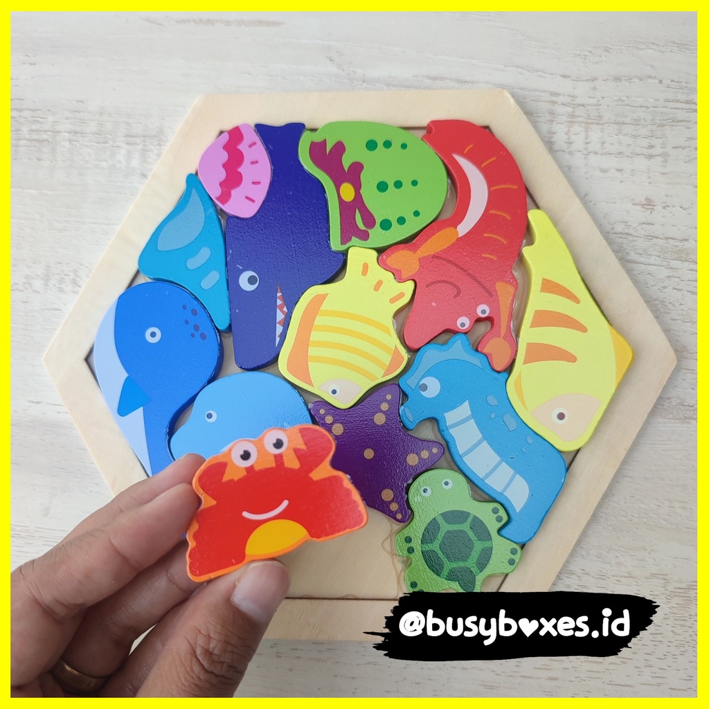 Busyboxes.id Mainan anak puzzle edukasi anak 1 2 3 tahun laki laki perempuan mainan edukasi Montessori puzzle jigsaw 3d kayu hewan binatang seri -  hexagonal sea animals hewan laut ocean