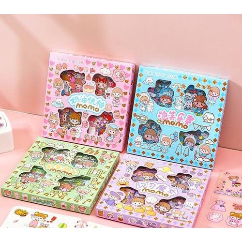 Sticker Waterproof Momo Box Isi 100 Lembar Stiker Motif Kartun Korea Lucu Anti Air Dekorasi Handbook Scrapbook DIY