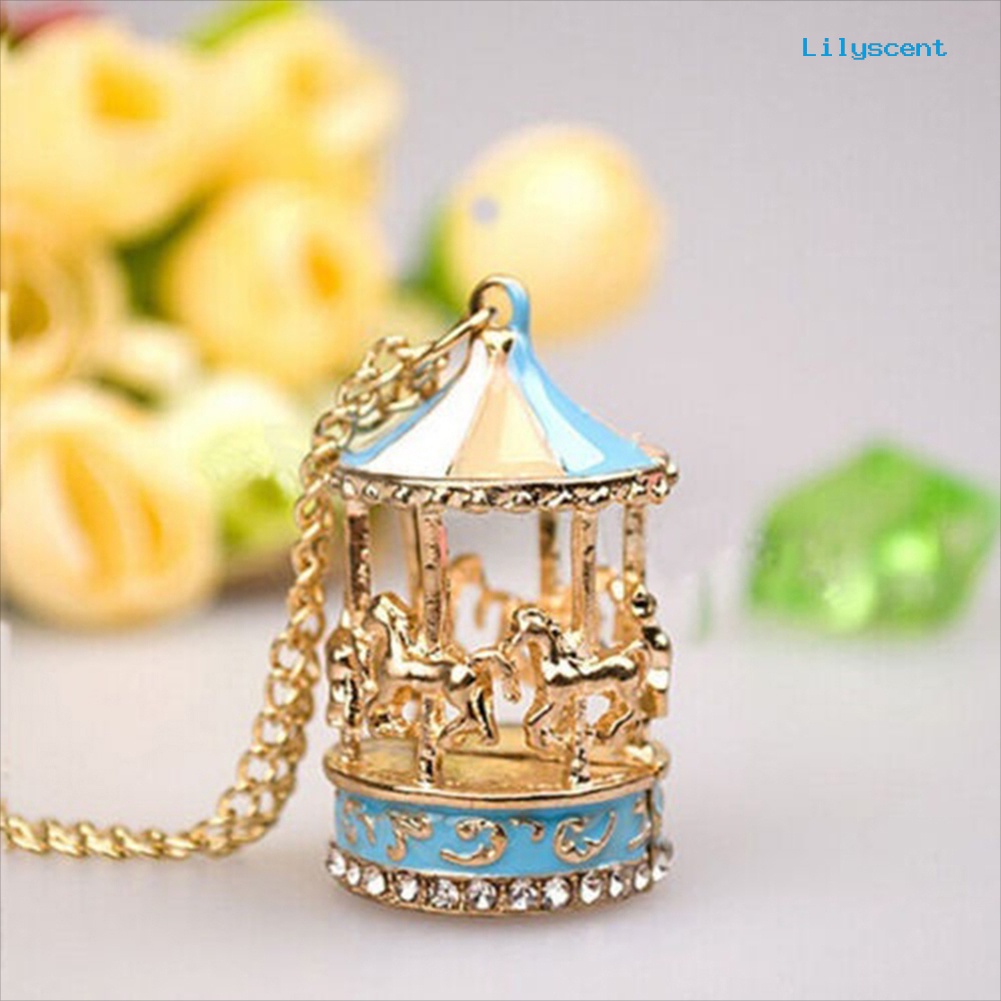 [LS] Wanita Enamel Carousel Merry-Go-Round Charm Liontin Kalung Rantai Hadiah