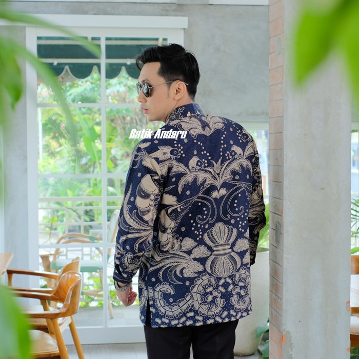 Kemeja Batik Pria Lengan Panjang Modern Kualitas Premium Heem Elegant Bahan Katun Primisima Solo Warna Biru Navy