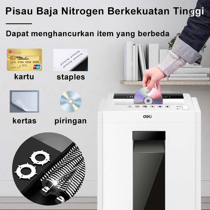 Deli Mesin Penghancur Kertas Elektrik 1 Tahun Garansi Alat Penghancur Kertas Cakram Kartu Pisau Baja Nitrida 23L A4 8 Lembar Paper Shredder