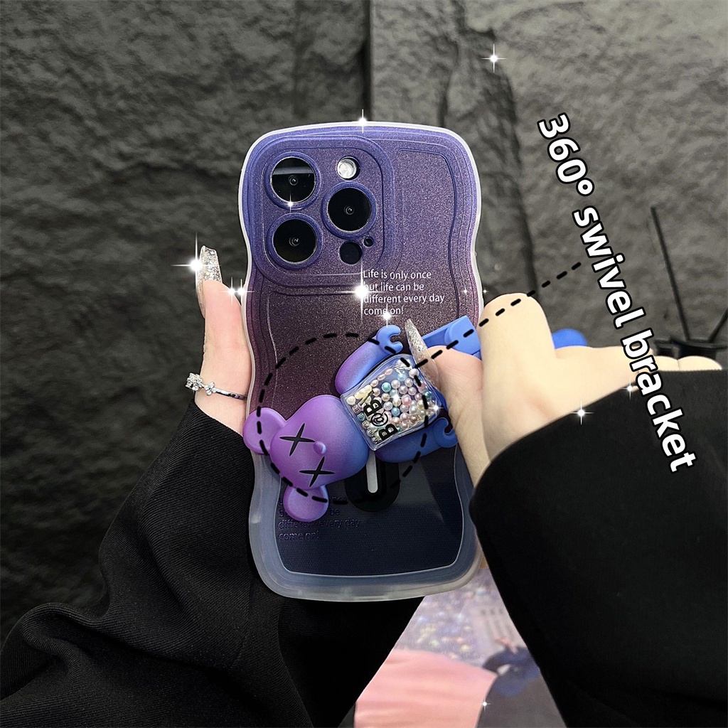 Casing Spin Stand Beruang Kekerasan Mewah Untuk iPhone 14 Pro MAX Plus Case iPhone 13 12 11 Pro MAX X X/XS MAX XR Aesthetic Warna Gradasi Tertutup Penuh Perlindungan shockproof TPU soft bac