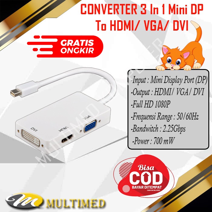 Converter 3 In 1 Mini Display Port - DP Male To HDMI DVI VGA Female