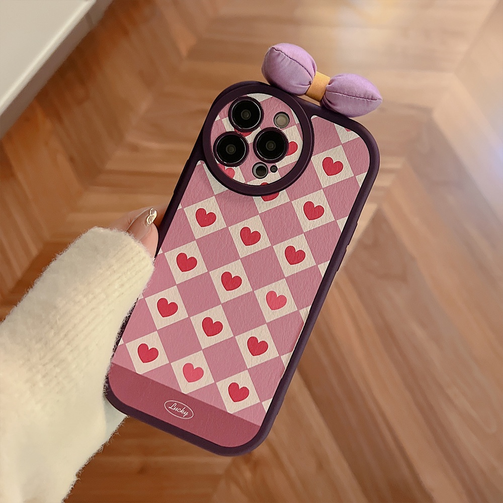 Ins Love Checked Bow Cocok Untuk Iphone14 14pro 14Plus 14prm iPhone 13 13pro 13prm iPhone 11 7Plus 8Plus Xr XS 12 Pro Max Empat Sudut Casing Ponsel Tahan Guncangan