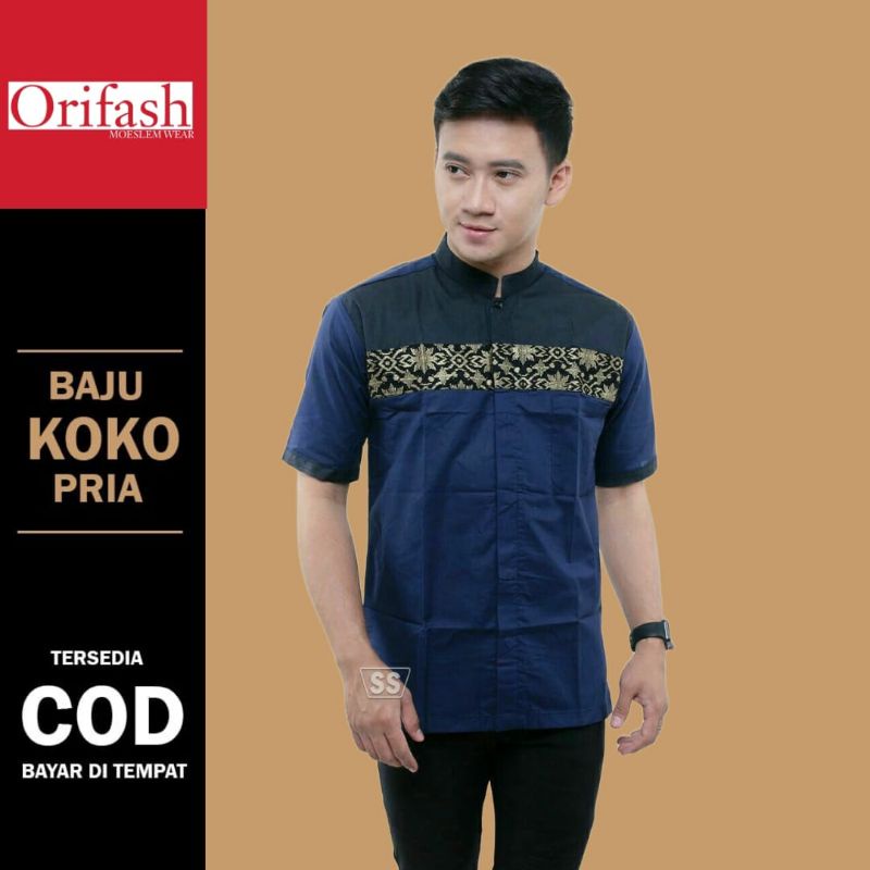 Baju koko pria lengan pendek terlaris koko muslim dewasa bahan katun halus M L XL