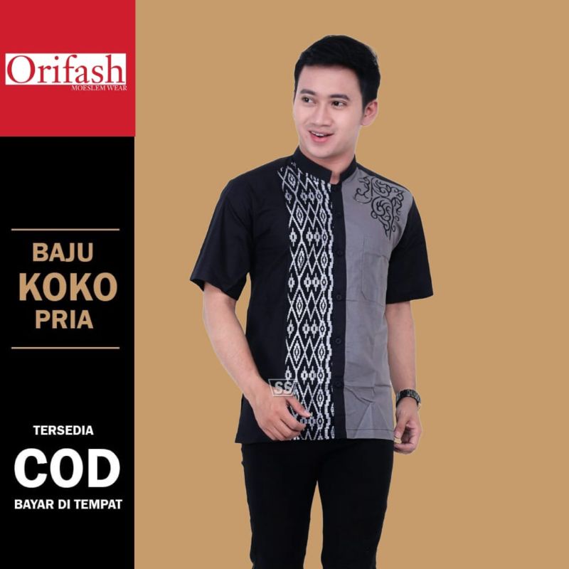 BAJU KOKO PRIA LENGAN PENDEK ATASAN MUSLIMIN DEWASA BORDIR KOMBINASI BATIK TERBARU SIZE M L XL