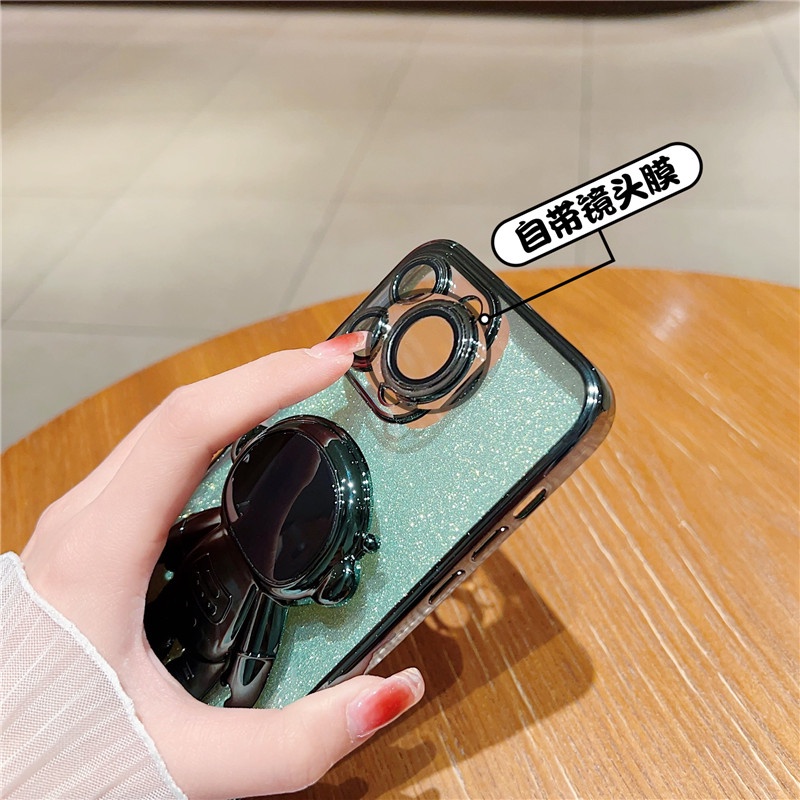 IPHONE Luxury Silikon Transparan soft shell phone case Kompatibel Untuk Iphone14 13 12 11promax Dengan film Pelindung Lensa Berdiri Untuk Ponsel Astronot Independen casing Tahan Guncangan