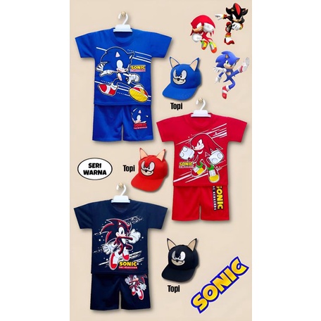 SETELAN ANAK ANIMASI KARTUN SONIC DITAMBAH TOPI USIA 1-10THN/SETELAN SONIC /TOPI SONIC/TOPI TAYO