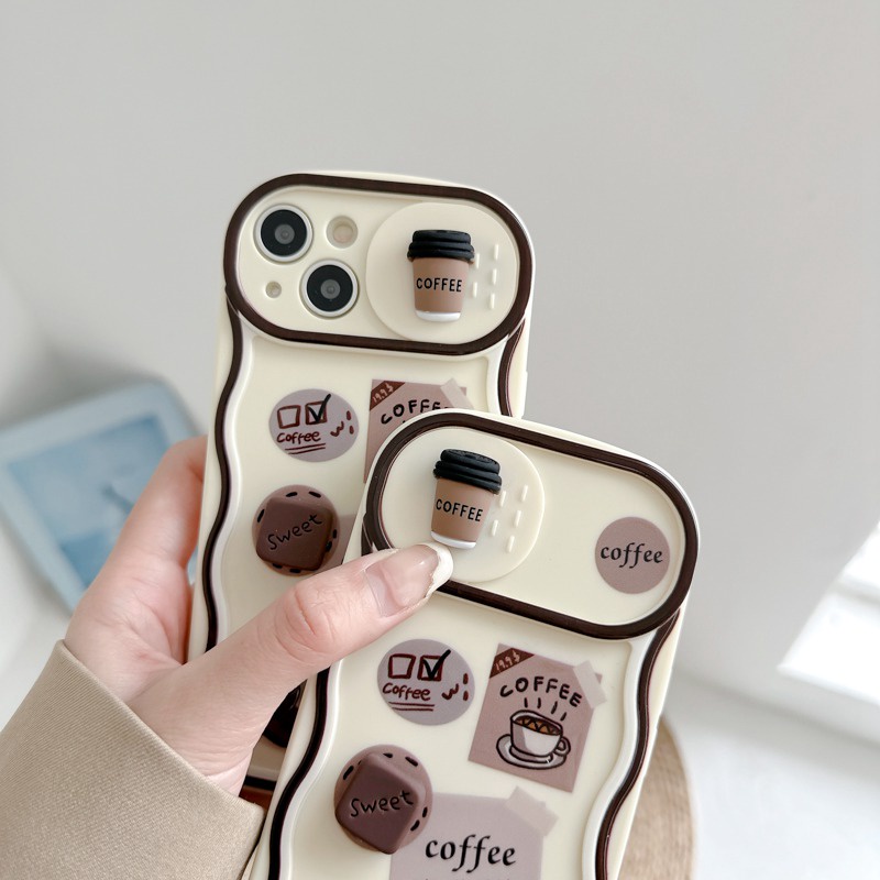 Fashion Coffee Bean Doll Push The Window Cover Soft Case iP iPhone 11 12 13 14 Pro Max + Plus Brown Wavy Casing Apple