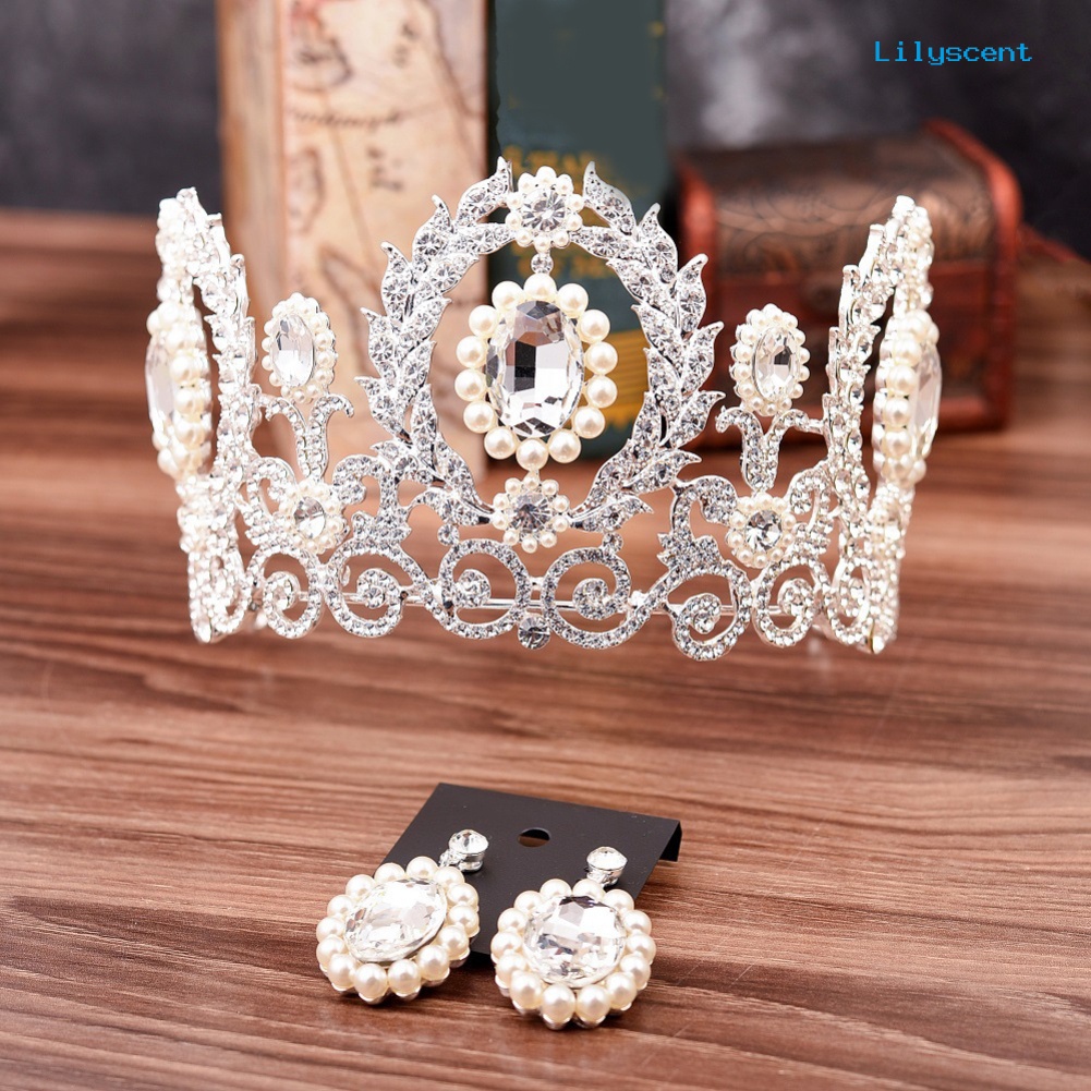 [LS]Baroque Wanita Berlian Imitasi Mahkota Mutiara Imitasi Tiara Anting Set Perhiasan Pernikahan