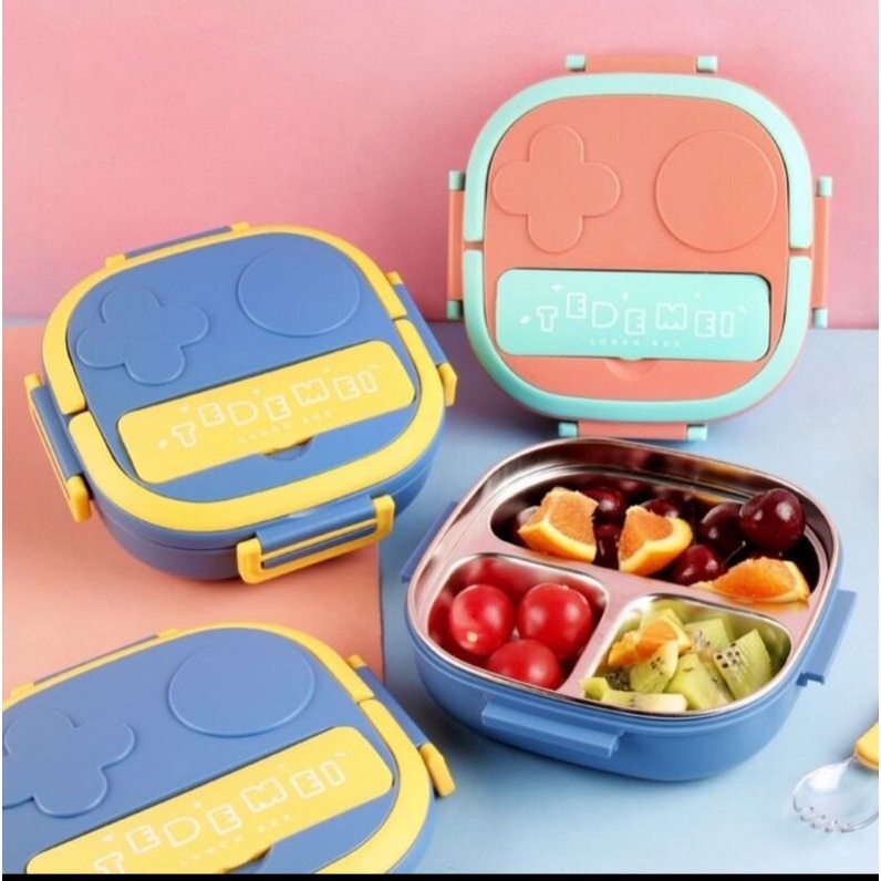 Kotak Makan Tedemei Anak Stainless 3 Sekat Lunch Box Set Premium Rantang Makan Kotak Makan Siang Portable