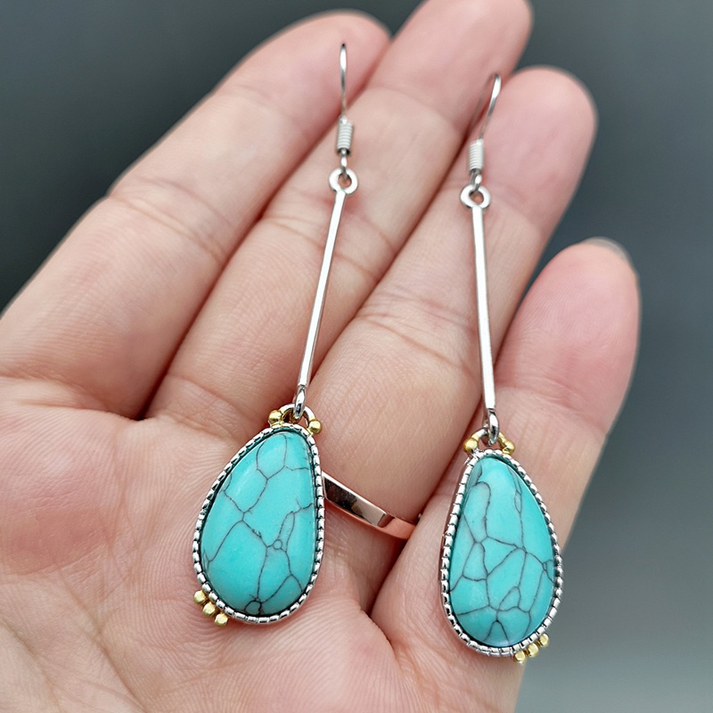 Vintage Wanita Anting Faux Turquoise Bentuk Labu Panjang Menjuntai Ear Hooks Perhiasan