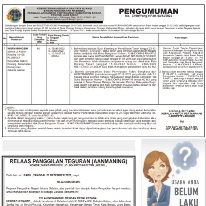 rakyat merdeka koran pasang iklan pengumuman kehilangan sertifikat BPN