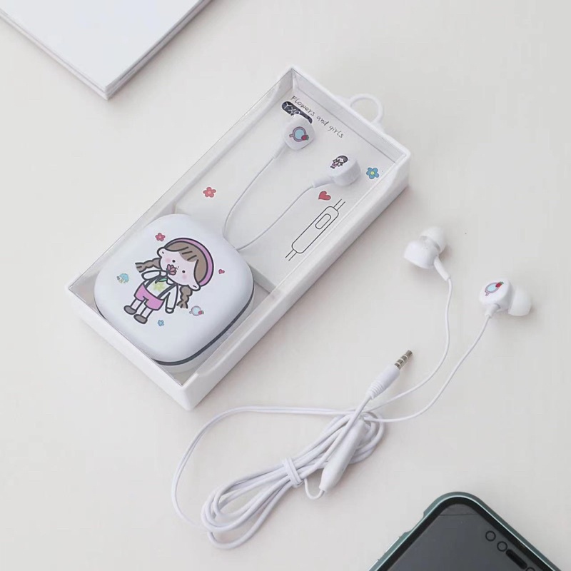 [ YXQ-2 ] Set Headset Earphone karakter motif Flowers series and Girls  LUCU plus + Wadah KOTAK Earphone Motif seri YXQ-2