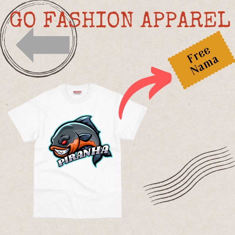 Kaos Dewasa Gambar Ikan Piranha Baju Unisex Terbaru Terlaris Bahan Premium {FREE CETAK NAMA}