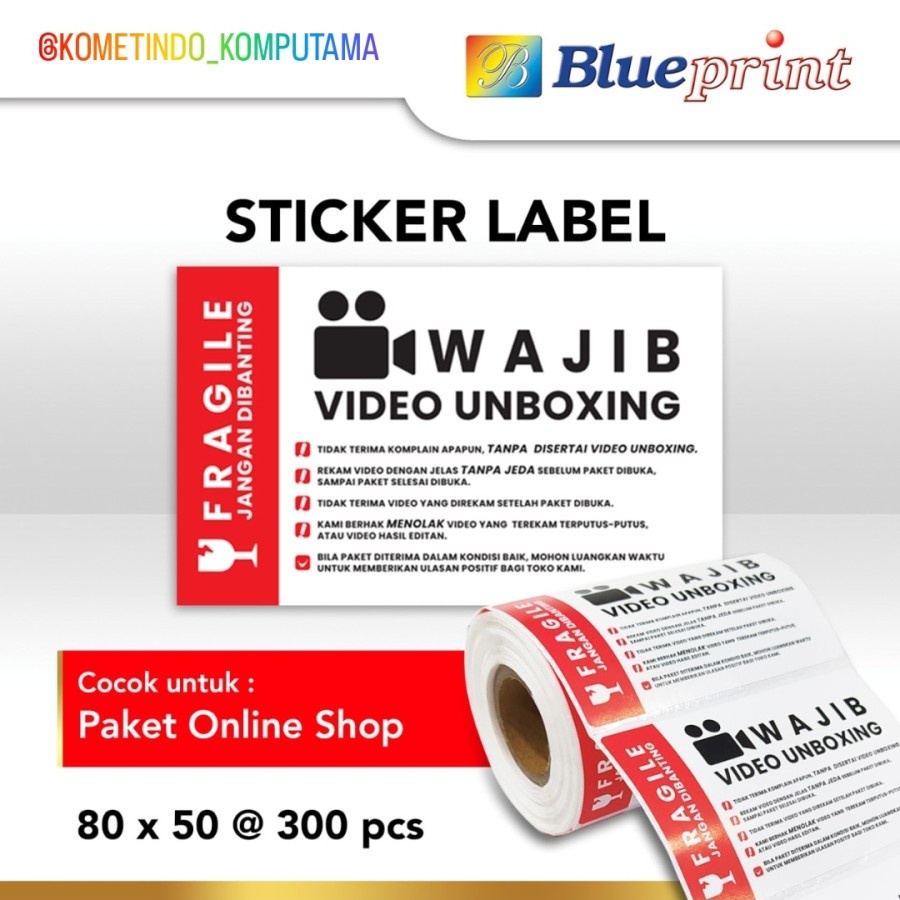 FRAGILE Sticker label Barcode 80x50 Semi Coated BLUEPRINT isi 300Pcs