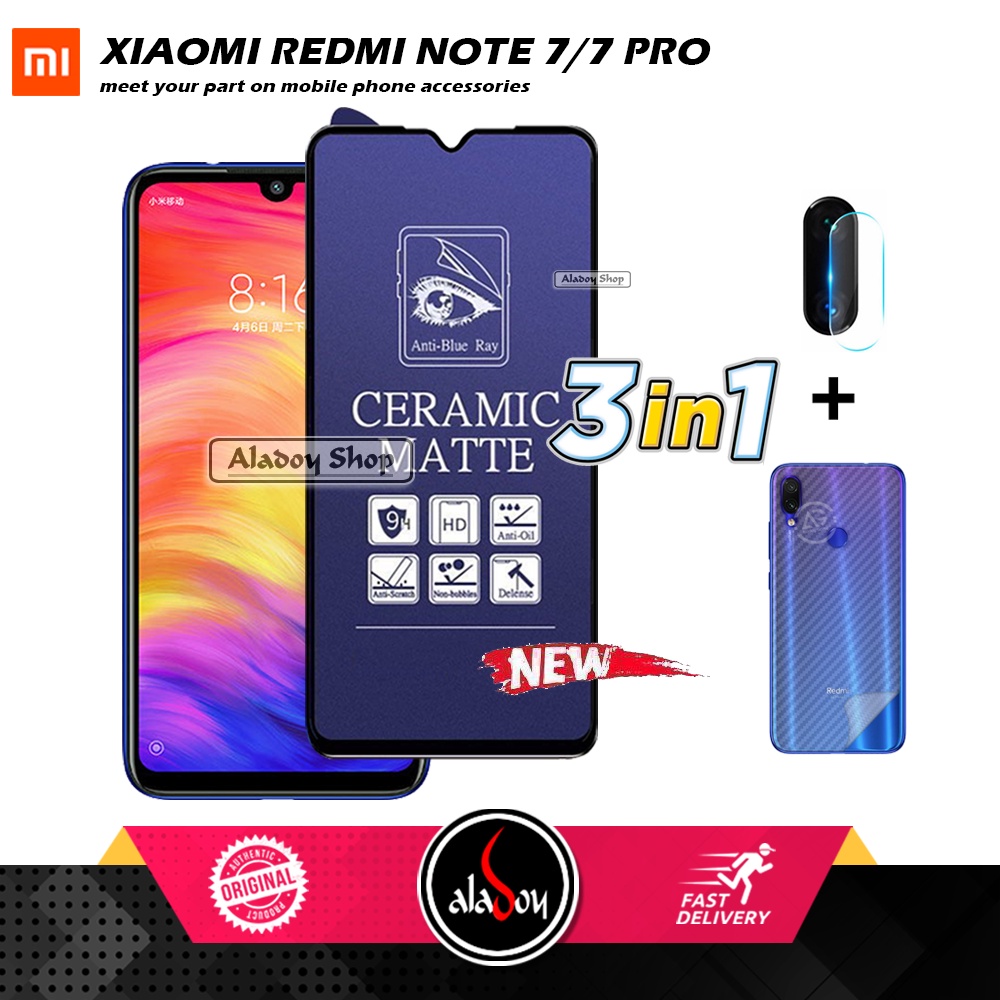 PAKET 3IN1 Anti Gores Blue Matte Anti Glare Xiaomi Redmi Note 7/7 Pro + Tempered Glass Camera dan Skin Carbon