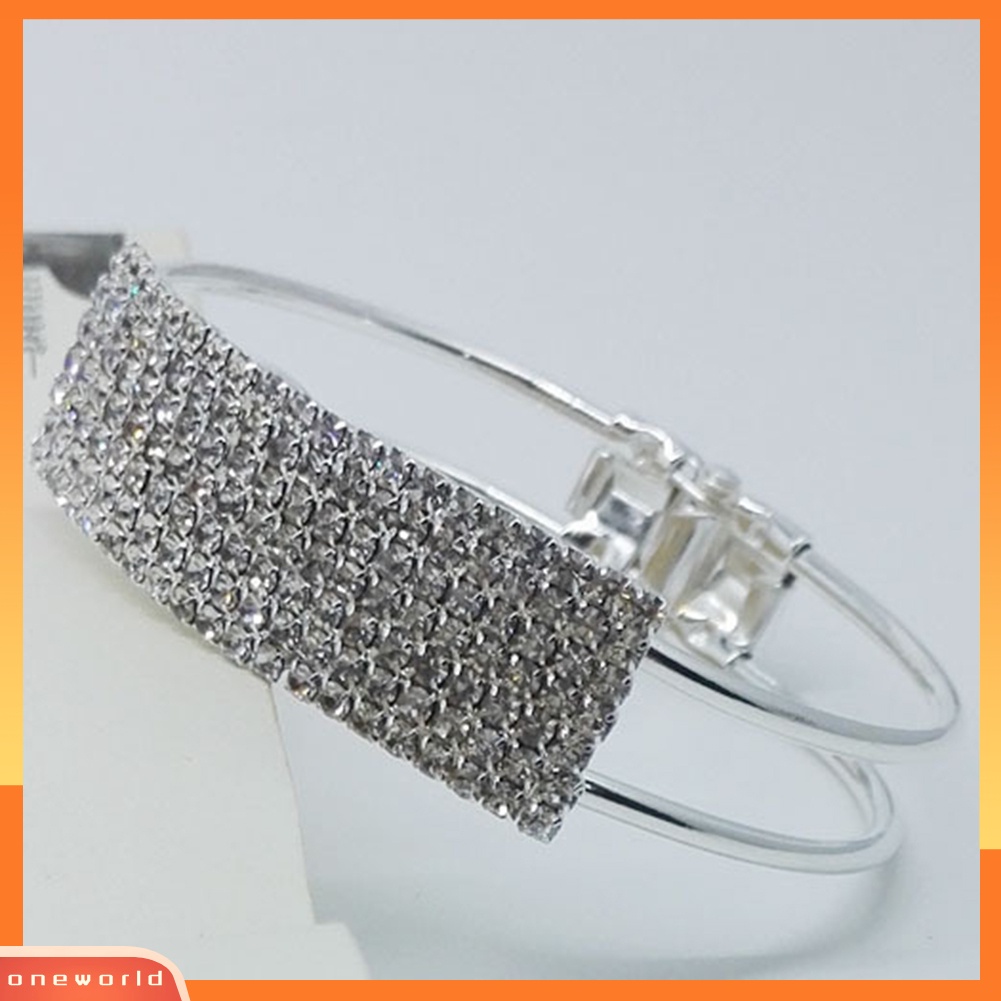 [WONE] Mewah Penuh Berlian Imitasi Bertatahkan Berongga Band Cuff Bangle Gelang Wanita Perhiasan