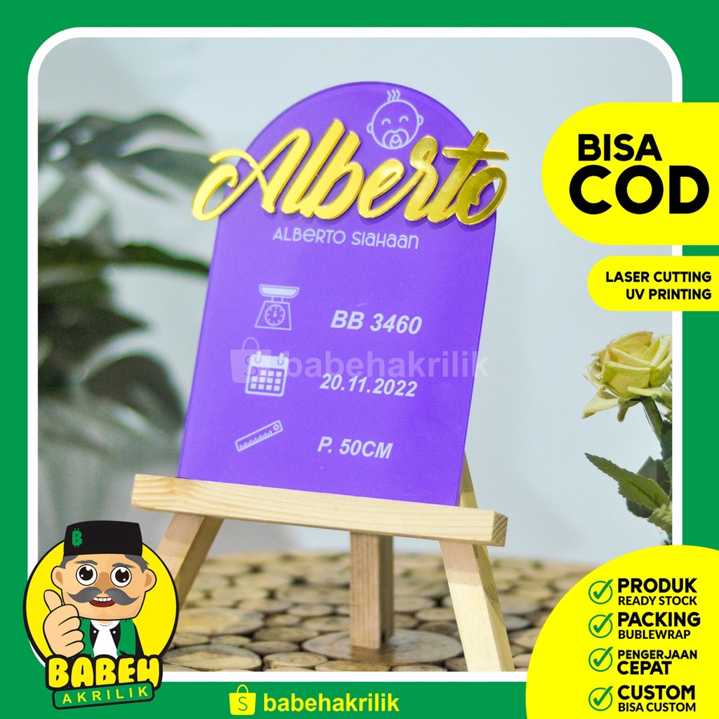 Biodata Bayi Akrilik Custom / Hospital Board baby newborn acrylic / Papan Nama Bayi + stand kayu