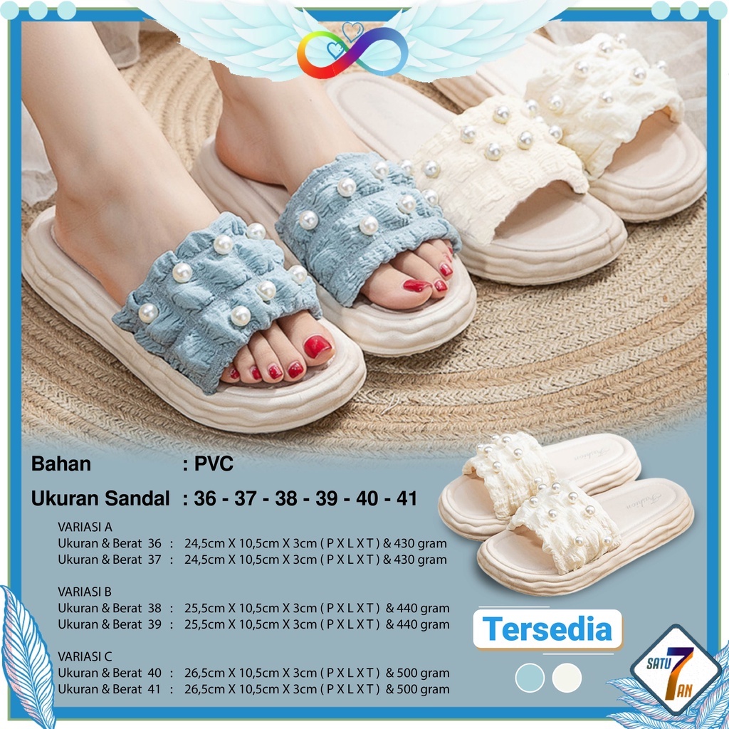 Sandal Slop Flat Sandal Wanita Slip On Fashion Style Motif Mutiara Sandal Kasual Nyaman Lentur Empuk PVC Satu7an SPT-36