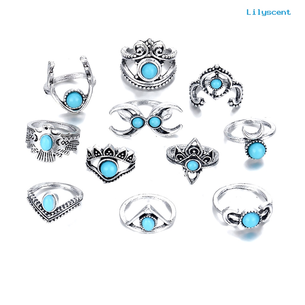 [LS]11 Pcs Berongga Bulu Stackable Knuckle Rings Gaya Etnik Bunga Permata Imitasi Jari Rings Perhiasan Aksesori