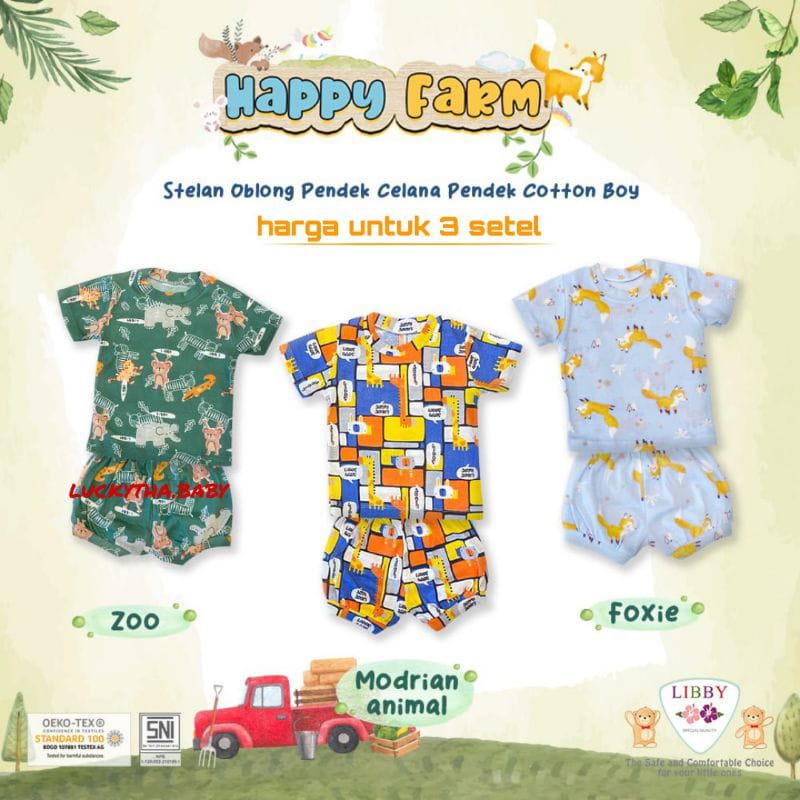 Libby 3 Setelan Baju Bayi Pendek Oblong Celana Pendek Happy Farm / Garden By The Joy / Play Ground Oblong Tipis Rib Cotton Baju Anak