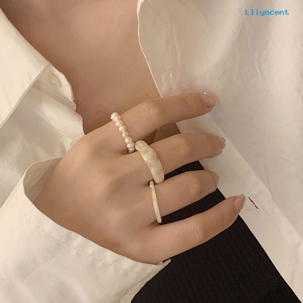 [LS]3Pcs /Set Cincin Jari Gaya Yang Berbeda Semua Pertandingan Sederhana Ramah Kulit Transparan Mutiara Imitasi Wanita Rings Untuk Pacaran