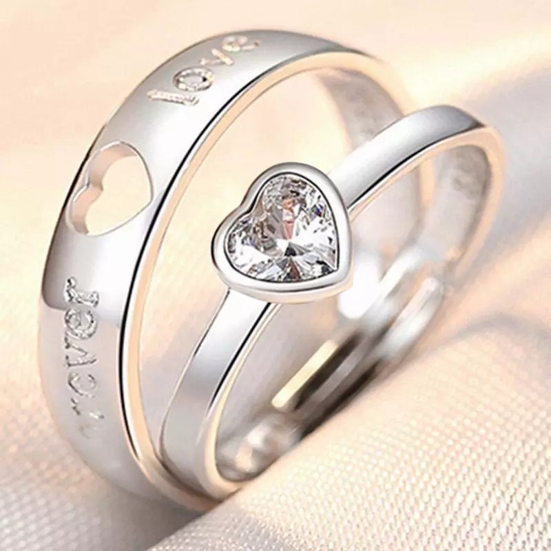 2pcs / Set Cincin Zircon Bentuk Hati Desain Forever Endless Love Untuk Pria Dan Wanita