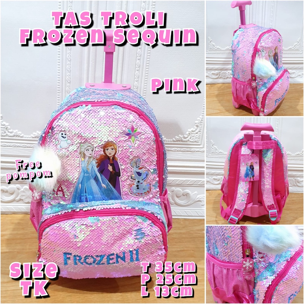 Tas Sekolah Troli Anak TK dan SD Motif Sequin Pink LOL dan Unicorn Tas Koper Dorong Anak Perempuan