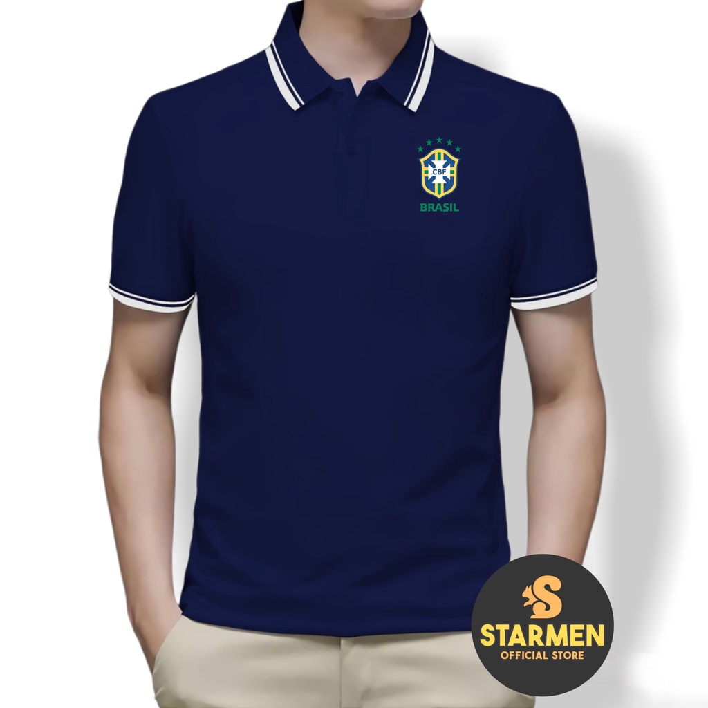 Kaos Polo Shirt Pria Kerah List Putih logo BRASIL