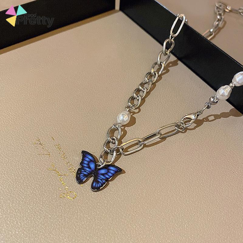 Kalung Rantai Kupu-Kupu Mutiara Desain Choker Fashion Korea Gaya Untuk Wanita - PD
