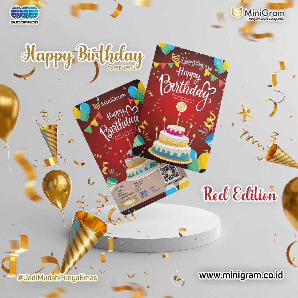 MINIGRAM Gift Series 0.005 Gram Happy Birthday Red Edition Kemasan PVC TERMURAH TERLARIS Emas Mini Emas Batangan Logam Mulia Murni 24 Karat Bersertifikat Resmi Asli Original Tabungan Emas Souvenir Keren Mewah