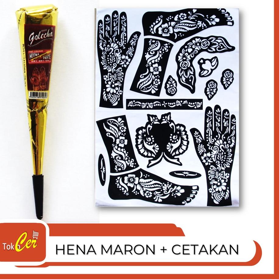 ⇏ Paket Hena Pengantin Golecha Merah Maron + Stiker Cetakan Hena ル