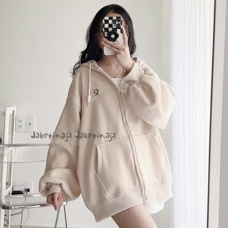 Zip Hoodie Jacket Oversized CUTE SMILE ( S - 6XL ) Jaket Jumper Boy Girl Big Size Cream Krem Korean Harajuku Style Fashion Urban Hip Hop Panda Bear Fleece Jumbo