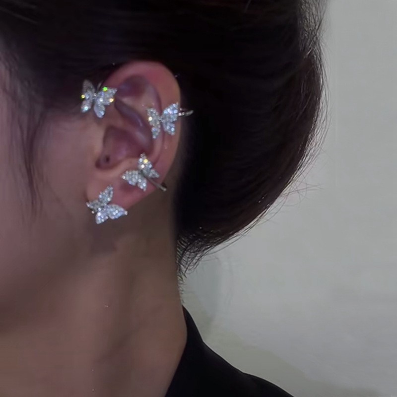 Klip Telinga Kupu-Kupu Logam Warna Emas Silver Tanpa Tindik Untuk Wanita Zirkon Berkilau Ear Cuff Clip Earrings Perhiasan Pernikahan