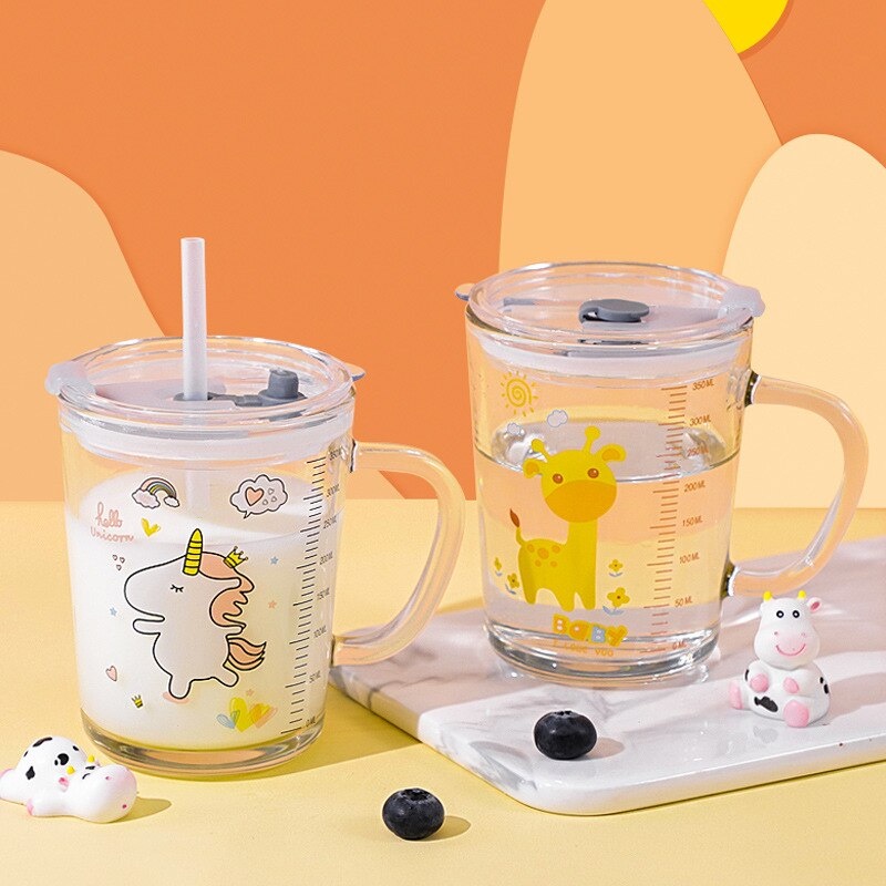 Gelas Anak Kaca Bening dengan Gagang dan Tutup Anti Bocor 350ml/Gelas Mug Gelas tumbler Lucu GRATIS SEDOTAN