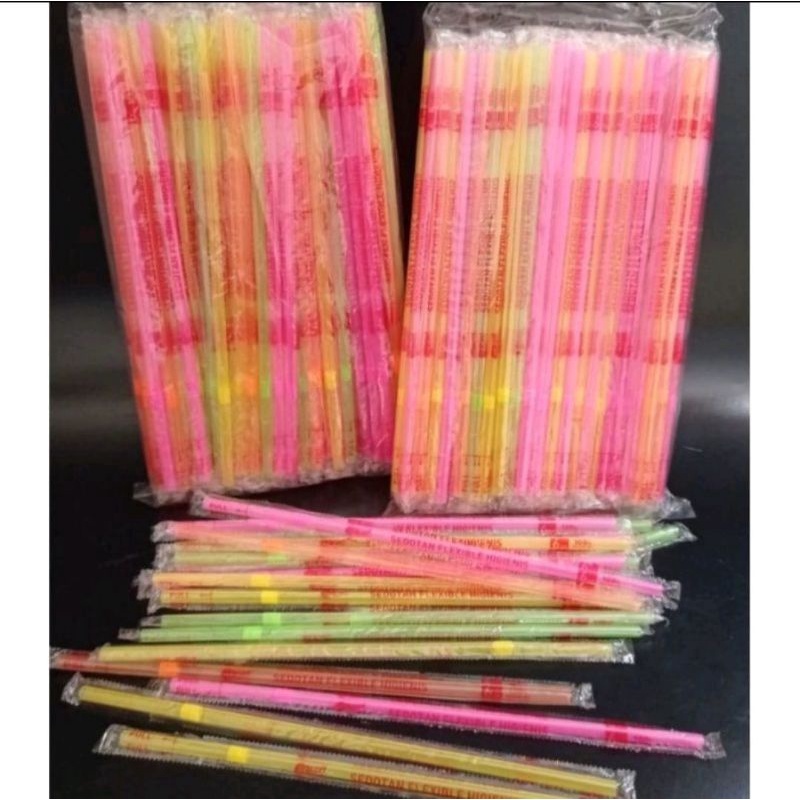 Sedotan Higenis Neon / Sedotan Steril Warna Warni Bungkus Plastik Isi 100pcs