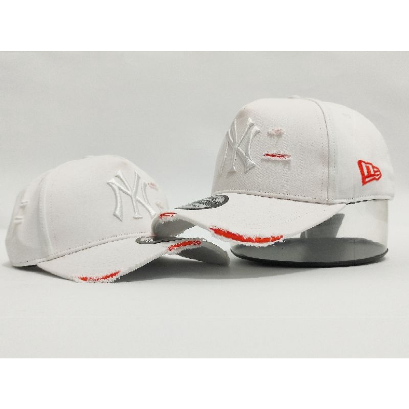 Topi NY Putih/White RIPPED/Robek - Hat Damage Unisex High Quality