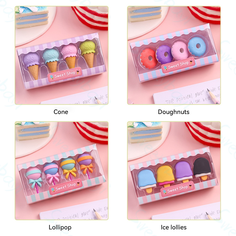 Sweetybayi 4pc Penghapus pensil hapusan eraser penghapus set lucu box mika