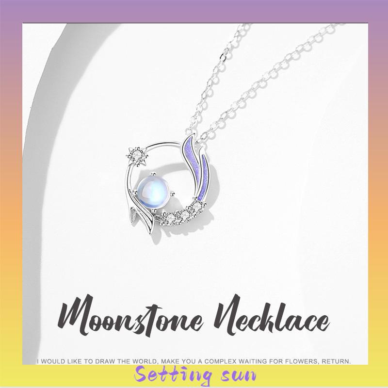 Kalung Rantai Klavikula Liontin Moonstone Gaya Korea Silver Untuk Wanita Aksesoris Perhiasan TN