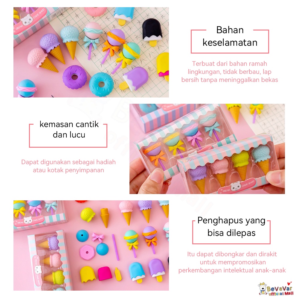 Bevavar 4Pcs/Set Penghapus Mini Lucu Kartun / Penghapus Pensil/Eraser Ice Cream